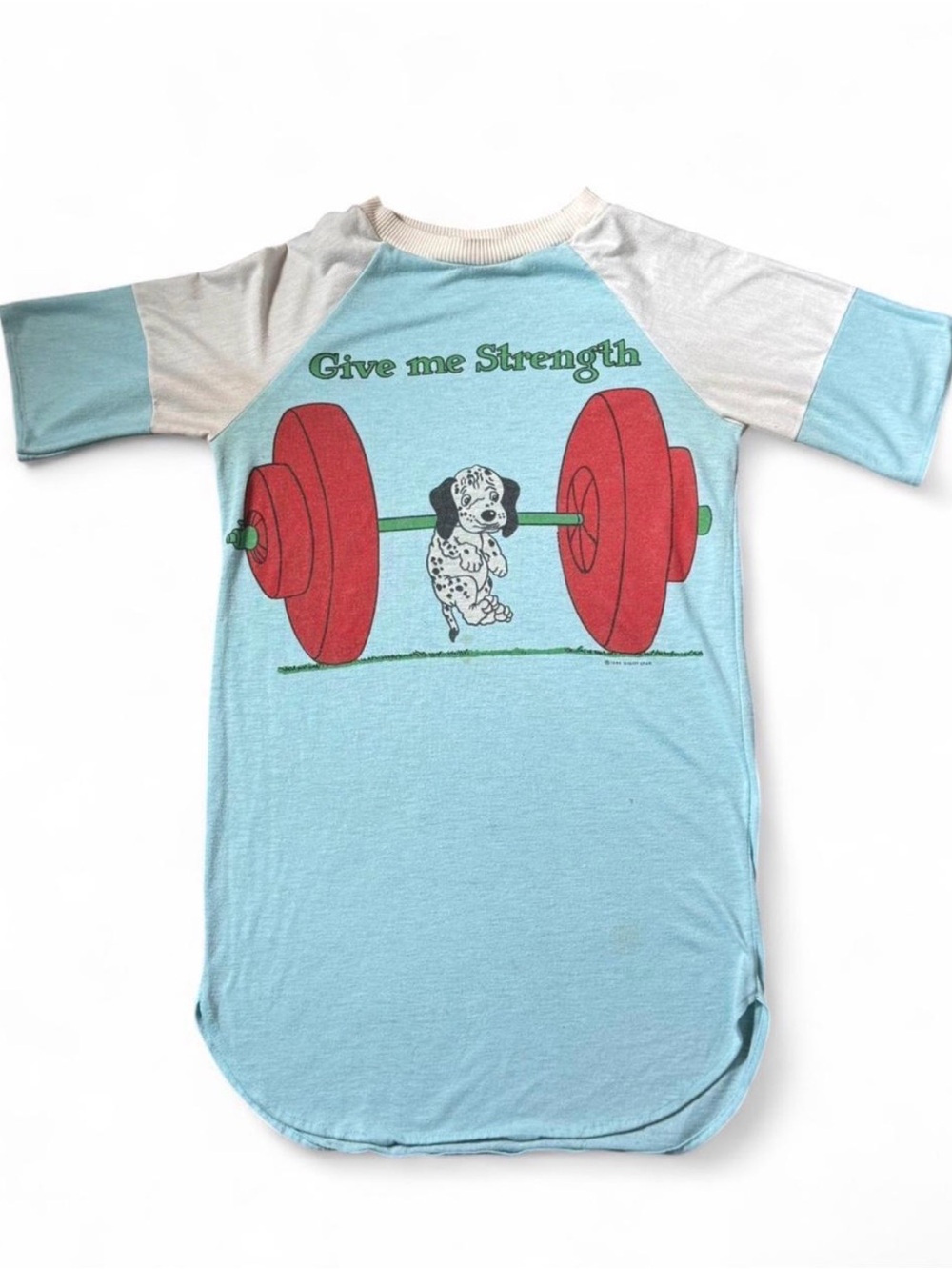 Vintage Light Blue and Cream Raglan Tee with Red Barbell Graphic